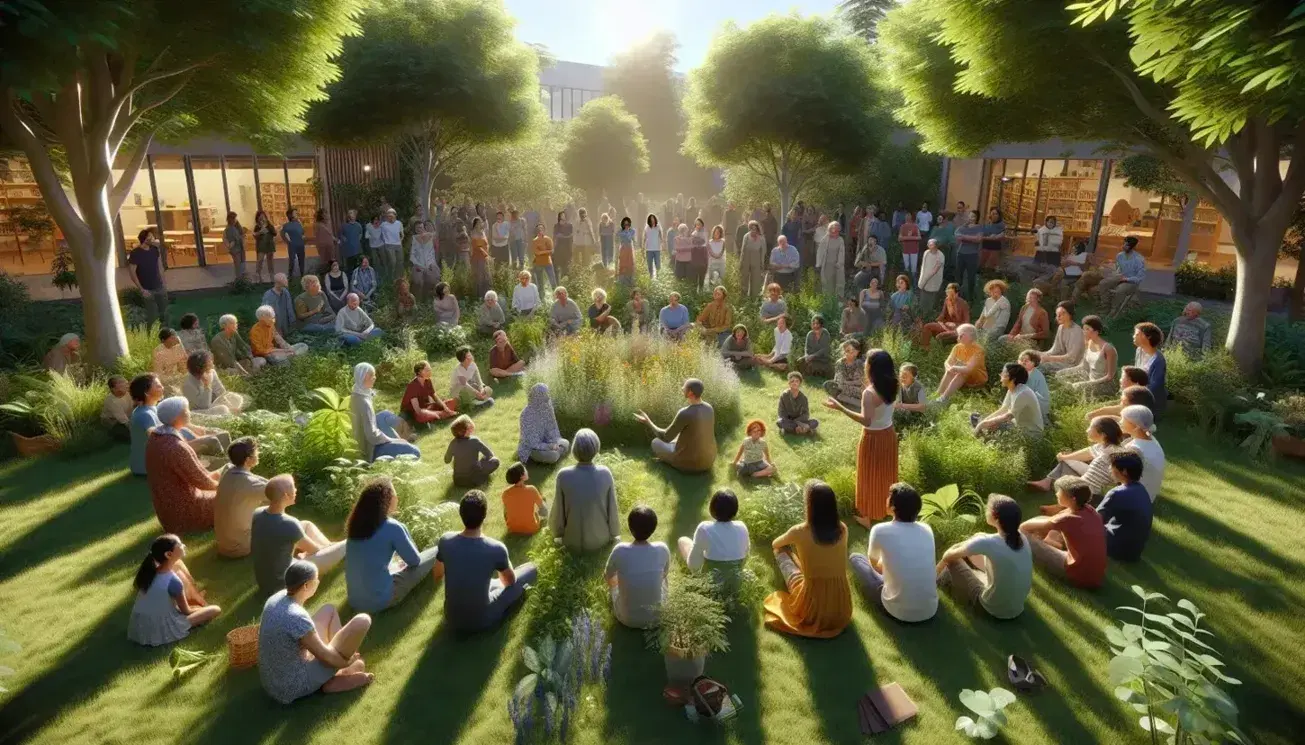 Grupo diverso participando en reunión comunitaria al aire libre en un jardín verde, con facilitador dirigiendo y asistentes interactuando.