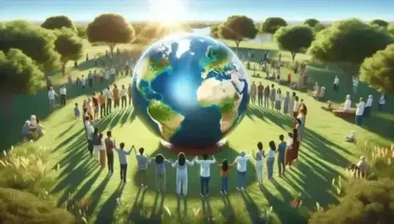 Grupo diverso de personas unidas alrededor de un globo terráqueo en un campo verde, simbolizando cuidado y unidad global bajo un cielo despejado.