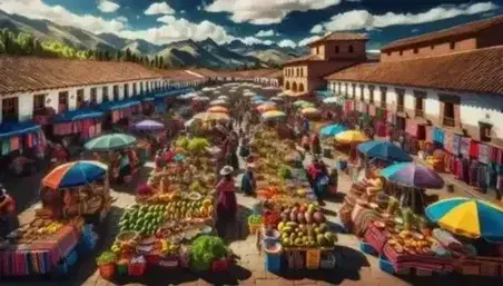 Mercato all'aperto in piazza con tetti rossi, bancarelle colorate di frutta tropicale, tessuti fatti a mano, ceramiche e persone in abiti tradizionali, sfondo di montagne andine.
