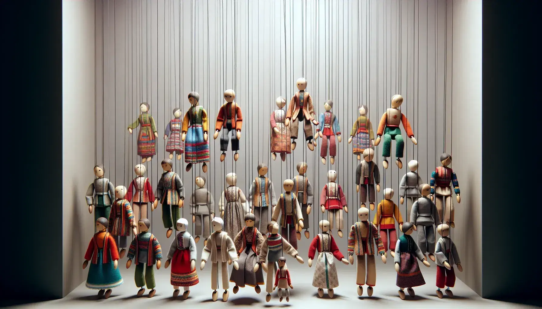 Marionette di legno e tessuto colorate sospese con fili trasparenti su sfondo neutro, con articolazioni mobili e espressioni neutre.