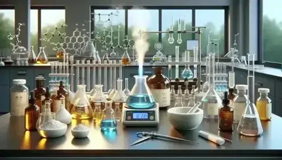 Laboratorio di chimica inorganica con banco di lavoro, provette, becher con liquidi colorati, fiamma di Bunsen, mortaio e bilancia digitale.