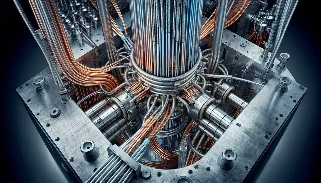 Close-up view of the inside of a dilution refrigerator, with metal pipes and insulated cables, used to reach ultra-low temperatures.