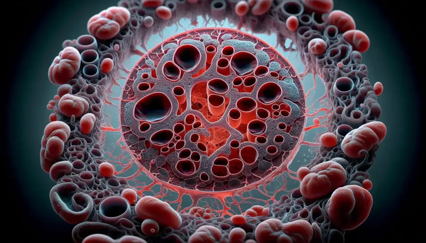 Vista microscópica transversal de un glomérulo renal en la cápsula de Bowman, con capilares sanguíneos rojos y células renales adyacentes.