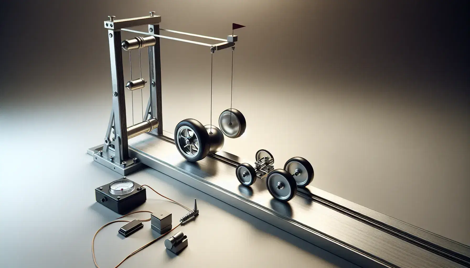 Dynamic cart track setup demonstrating Newton's Second Law with a silver cart, weights on a string over a pulley, and a motion sensor in a lab setting.