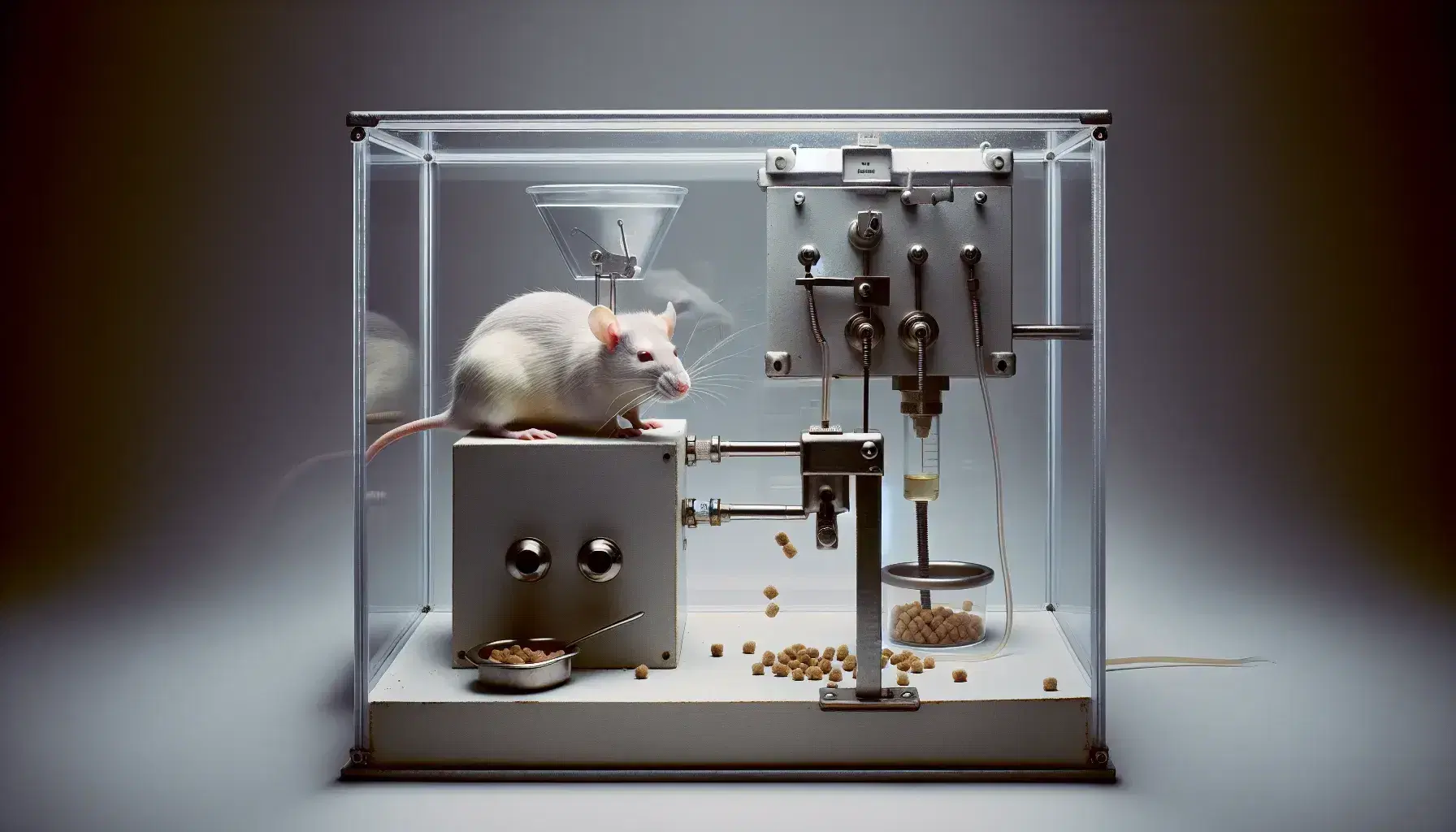 Rata gris en caja de Skinner interactuando con palanca y cerca de dispensador con pellets, en experimento de condicionamiento operante.