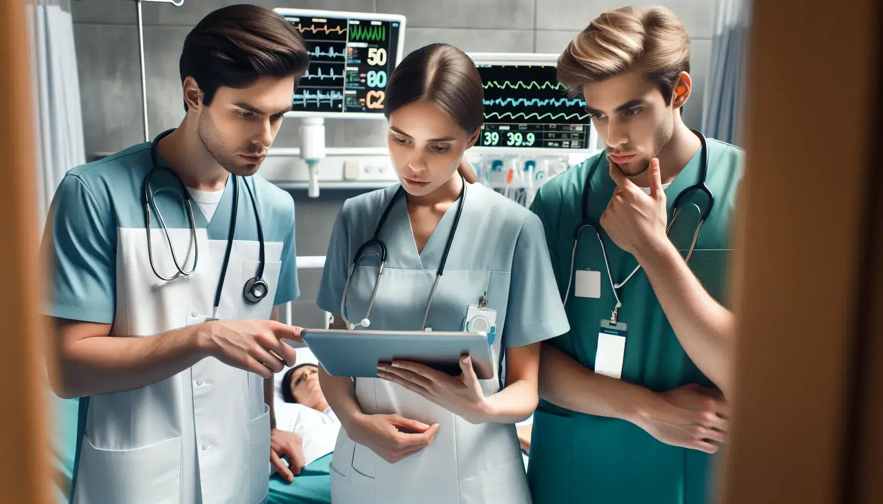 Profesionales de enfermería consultando una tablet junto a la cama de un paciente en un hospital, con un carro de medicamentos y monitor de signos vitales al fondo.