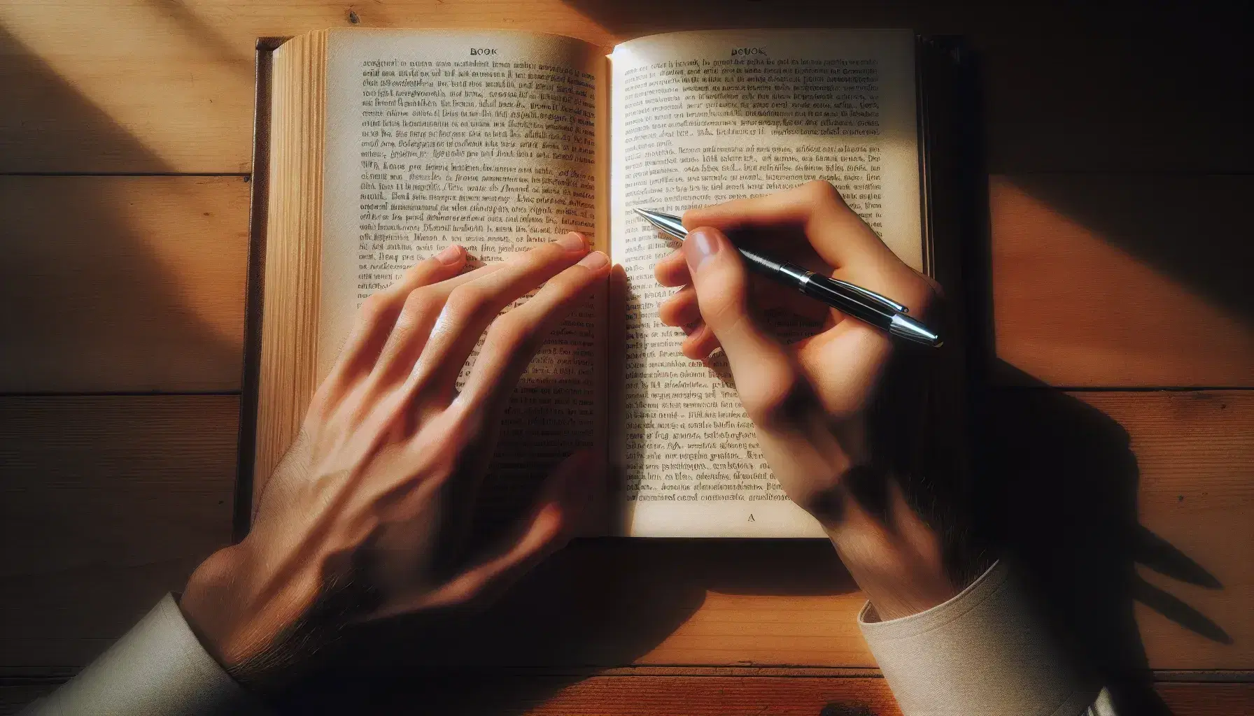 Close-up view of hands on an open book with unidentifiable text, one hand pointing and the other holding a pen, on a wooden table.