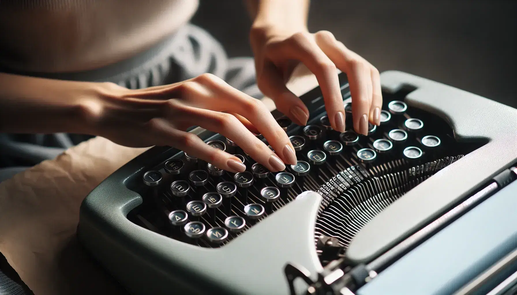 Close-up of hands poised over a vintage French AZERTY typewriter's black keys, with a blurred background emphasizing the antique device.