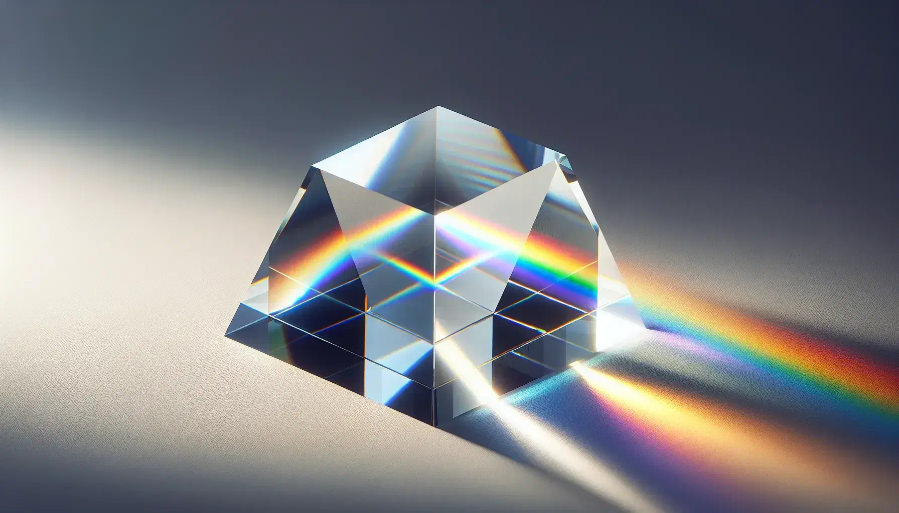 Glass prism on white surface refracting light into a color spectrum, showcasing a vivid rainbow from red to violet against a neutral gray background.