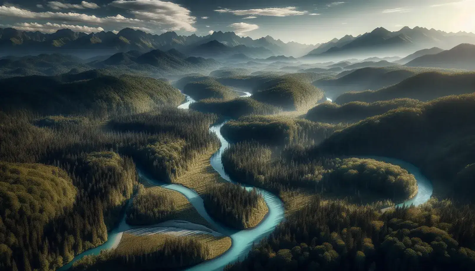 Vista aérea de área natural protegida con río serpenteante, bosque diverso y montañas nevadas bajo un cielo despejado.