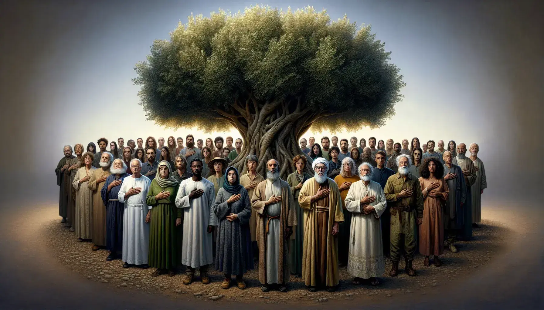 Diverse group standing in a semi-circle with hands over hearts and palms outstretched towards a central, robust olive tree under a clear blue sky.