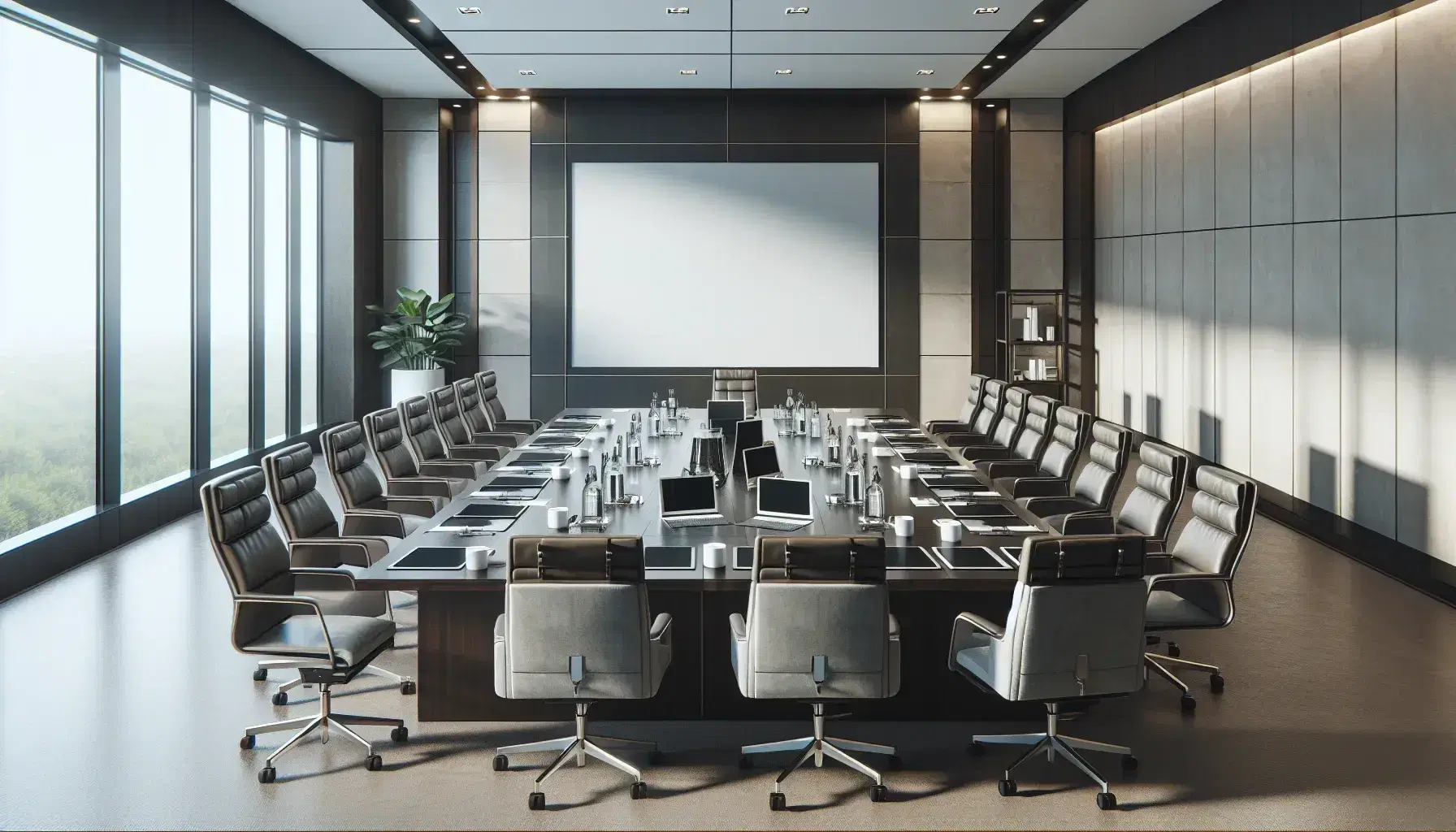 Sala de reuniones corporativa con mesa rectangular de madera oscura, sillas ergonómicas grises, tabletas digitales, tazas blancas y botellas de agua, pantalla de proyección y planta decorativa.