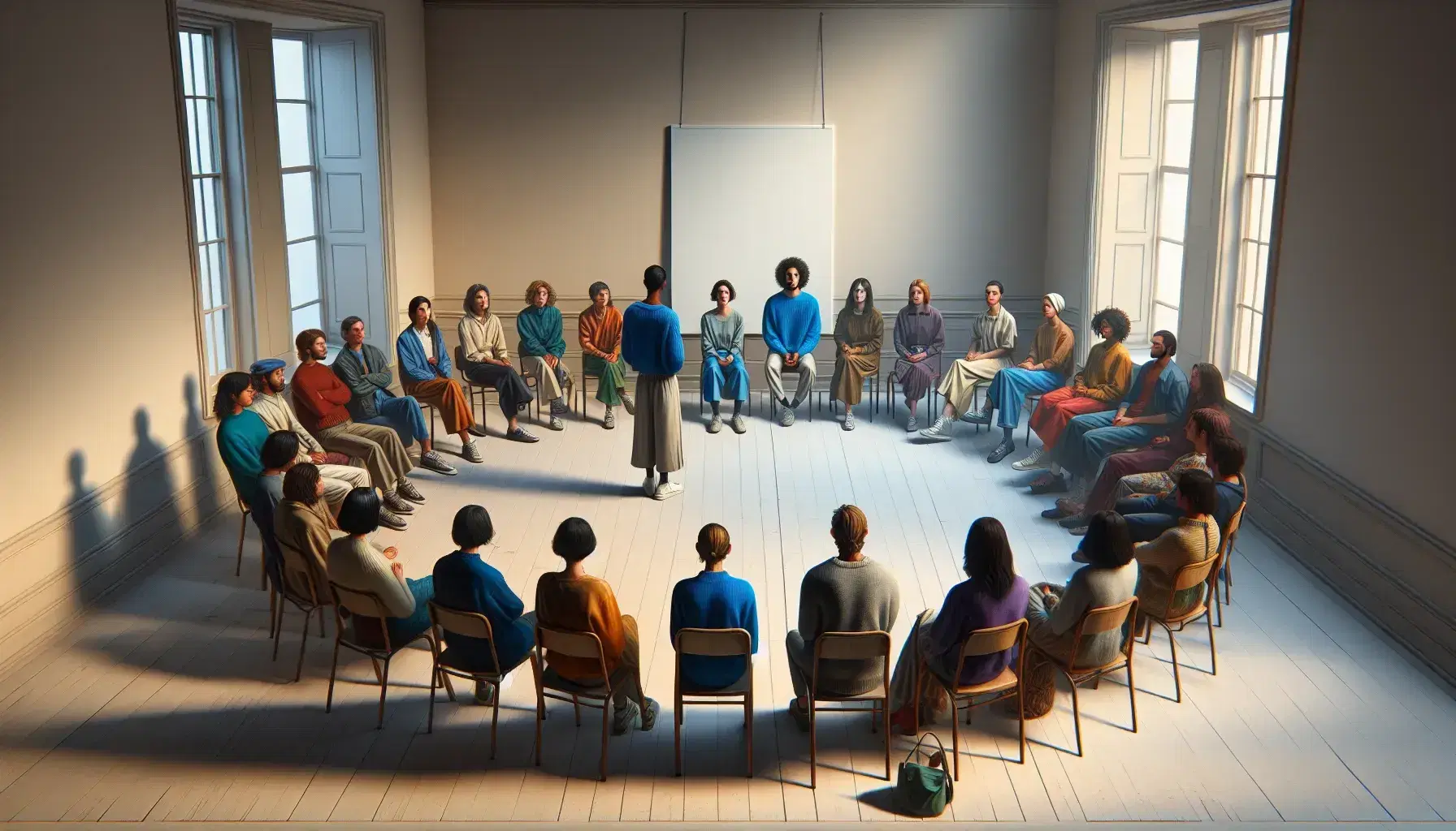 Grupo diverso de personas sentadas en semicírculo escuchando a un orador de pie en una sala iluminada naturalmente, sin dispositivos electrónicos visibles.