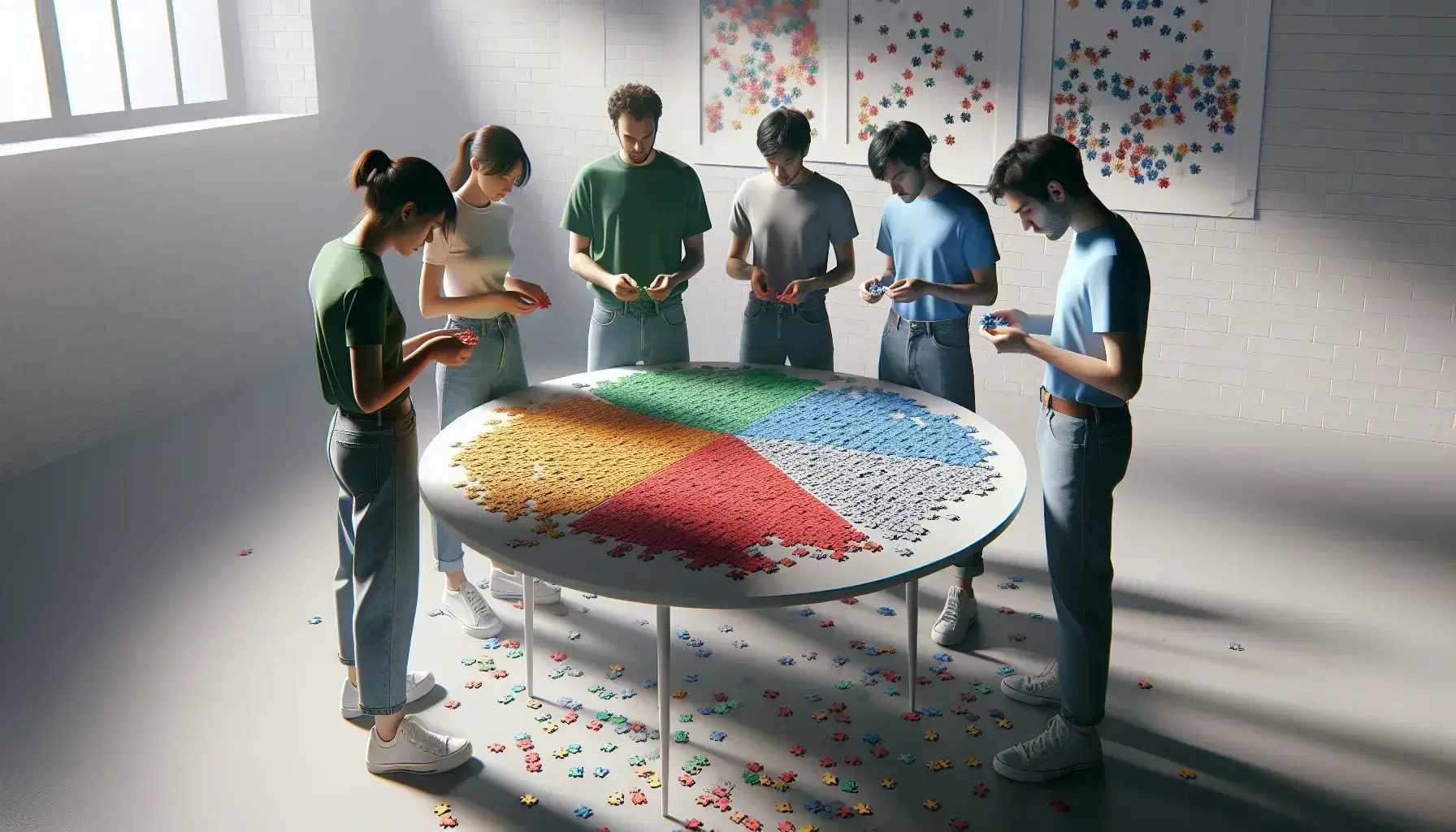 Grupo de cinco personas colaborando en un juego de rompecabezas de colores sobre una mesa redonda bajo luz natural.