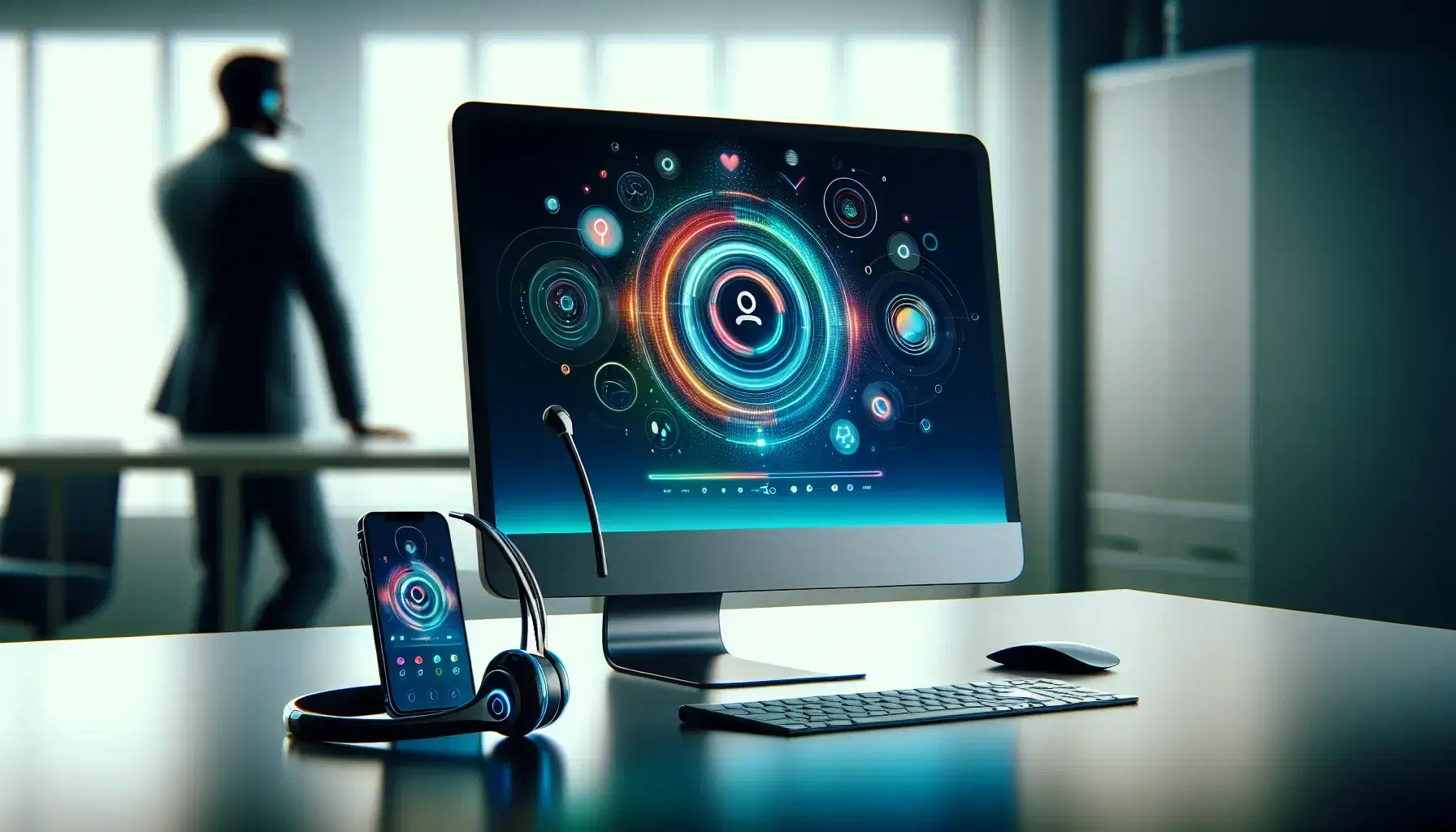 Modern customer service workstation with a sleek computer, user-friendly interface, wireless headset, and smartphone on a white desk, with a representative in the background.