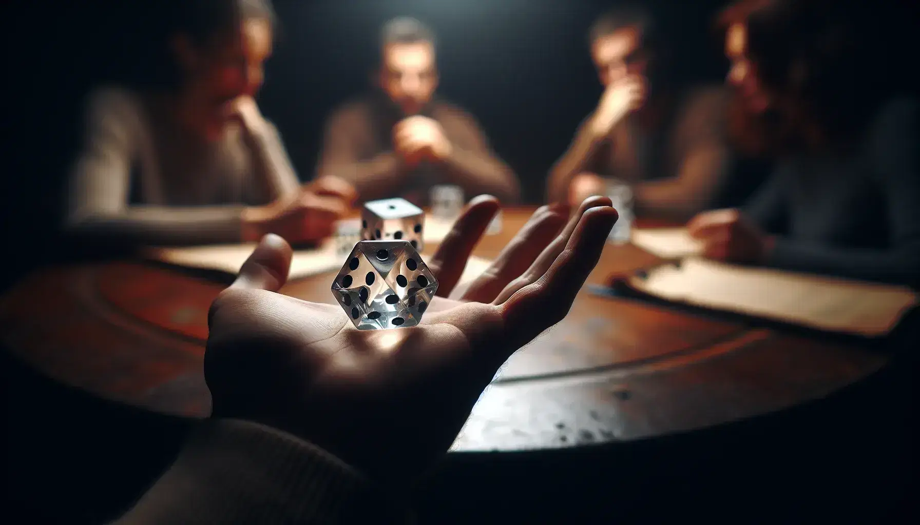 Mano sosteniendo dados transparentes con puntos negros sobre mesa de madera con personas enfocadas jugando en el fondo.