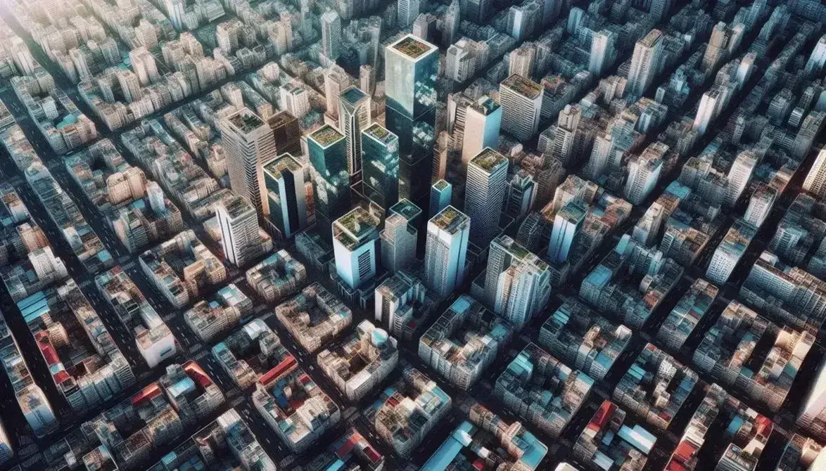 Vista aérea de ciudad con rascacielos reflejando el sol, calles en cuadrícula, edificios de varios colores y espacios verdes dispersos.