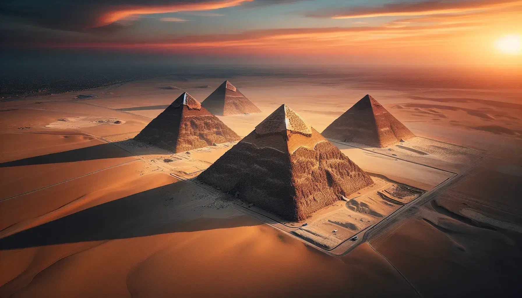 Vista aerea delle Piramidi di Giza al tramonto con ombre allungate, cielo sfumato blu-arancione e dune del deserto circostante.