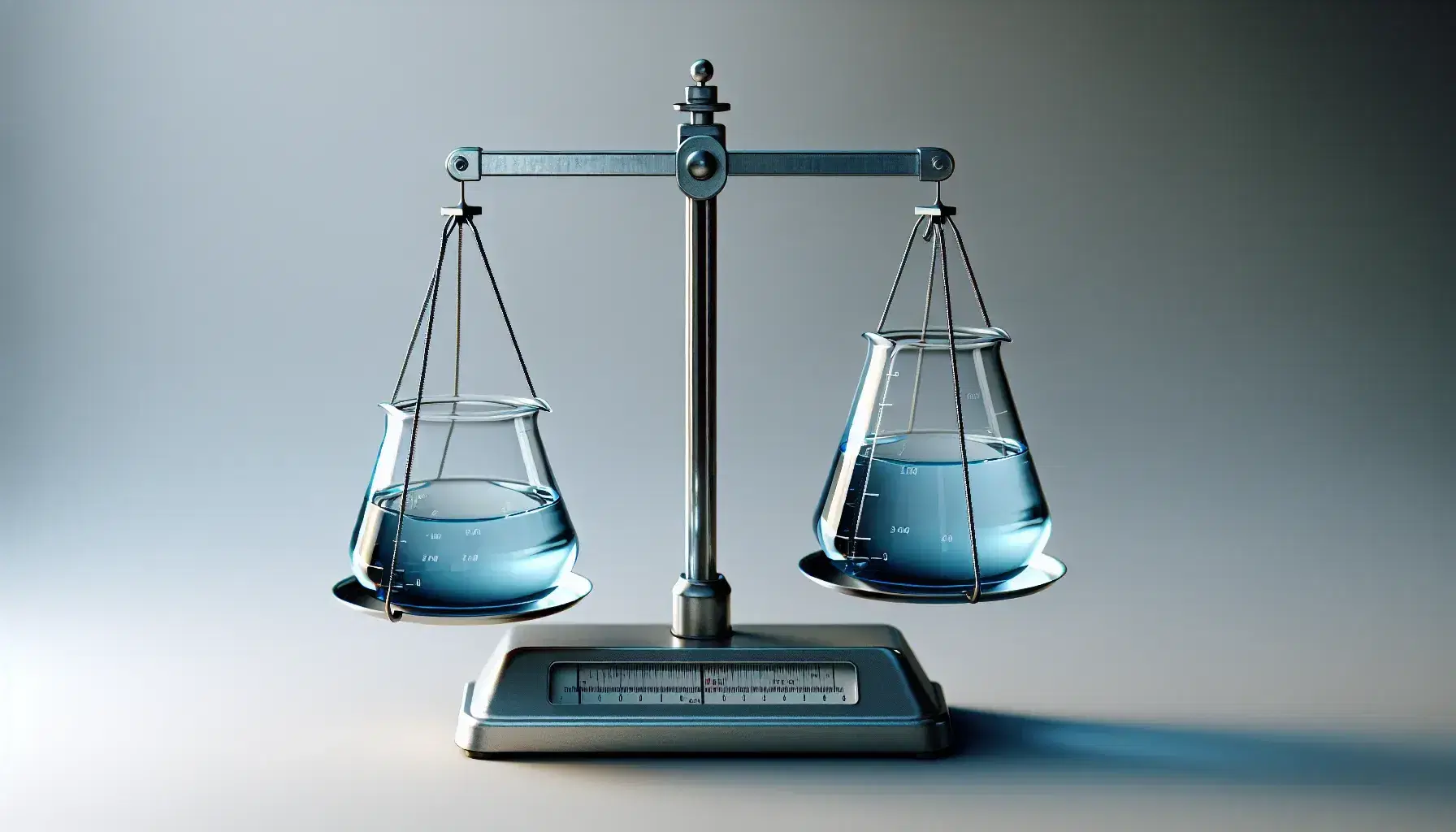 Equal-arm scale with two glass beakers containing blue liquid balanced, on a neutral gray background without symbols.