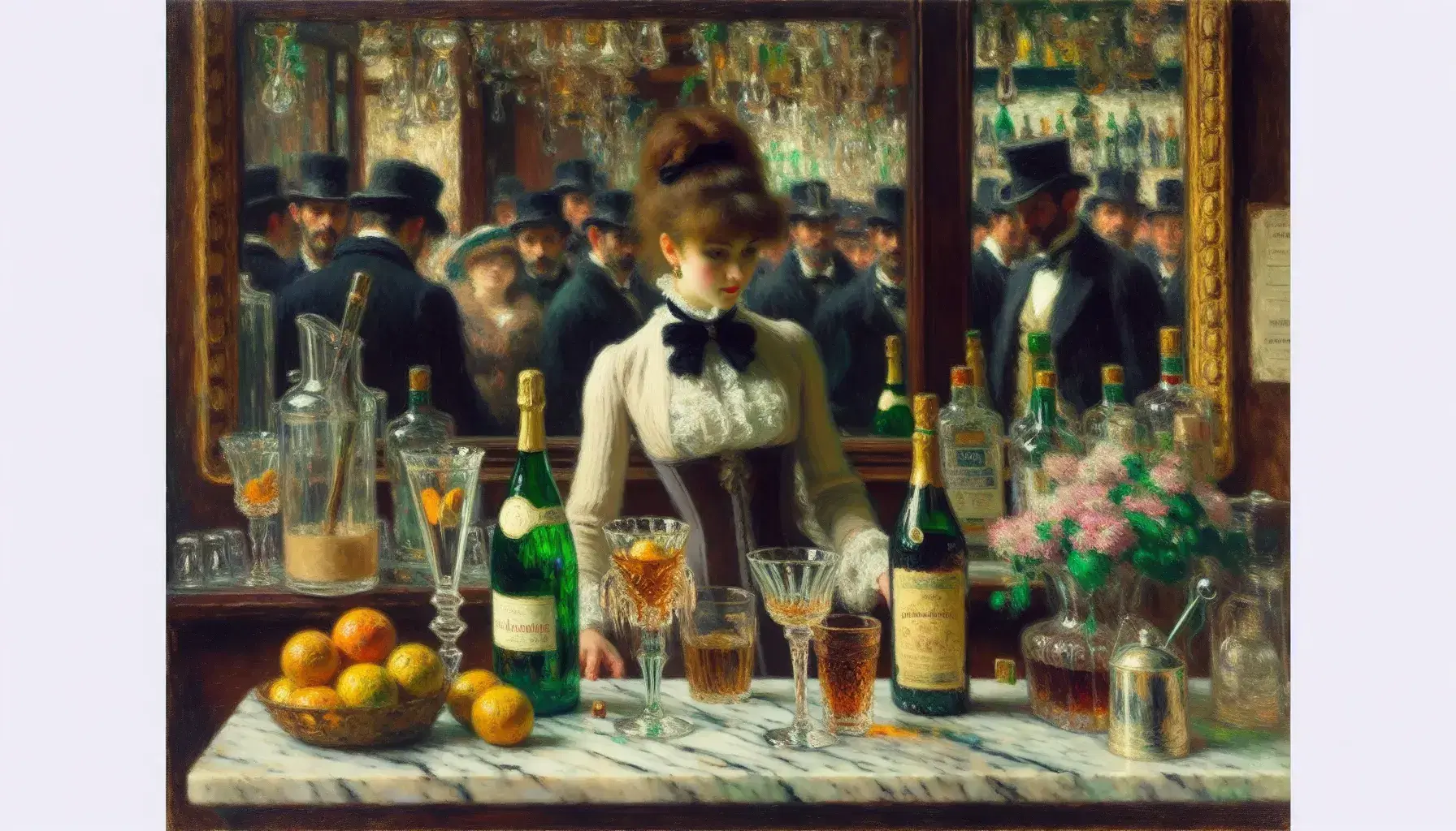 Donna dai capelli castani in abito scuro e corpetto bianco dietro bancone marmoreo in caffè parigino stile Manet, con oggetti riflessi e sfumature impressioniste.