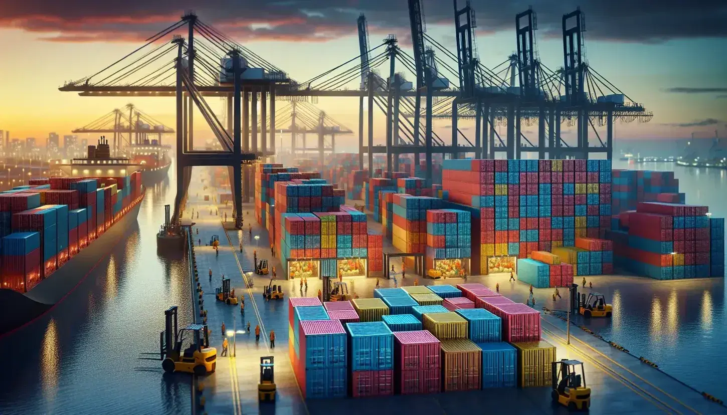 Bustling port with stacked shipping containers in red, blue, yellow, and green, workers in safety gear, forklifts in motion, and cranes against a dusk sky.