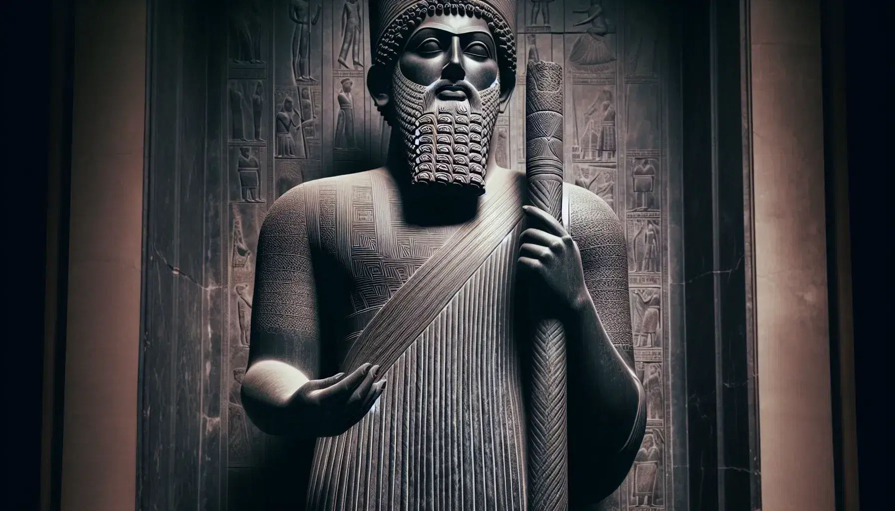 Statua in pietra scura di uomo in piedi con barba incisa, capelli lunghi, cappello cilindrico e abito decorato, mano al petto e oggetto simile a bastone.