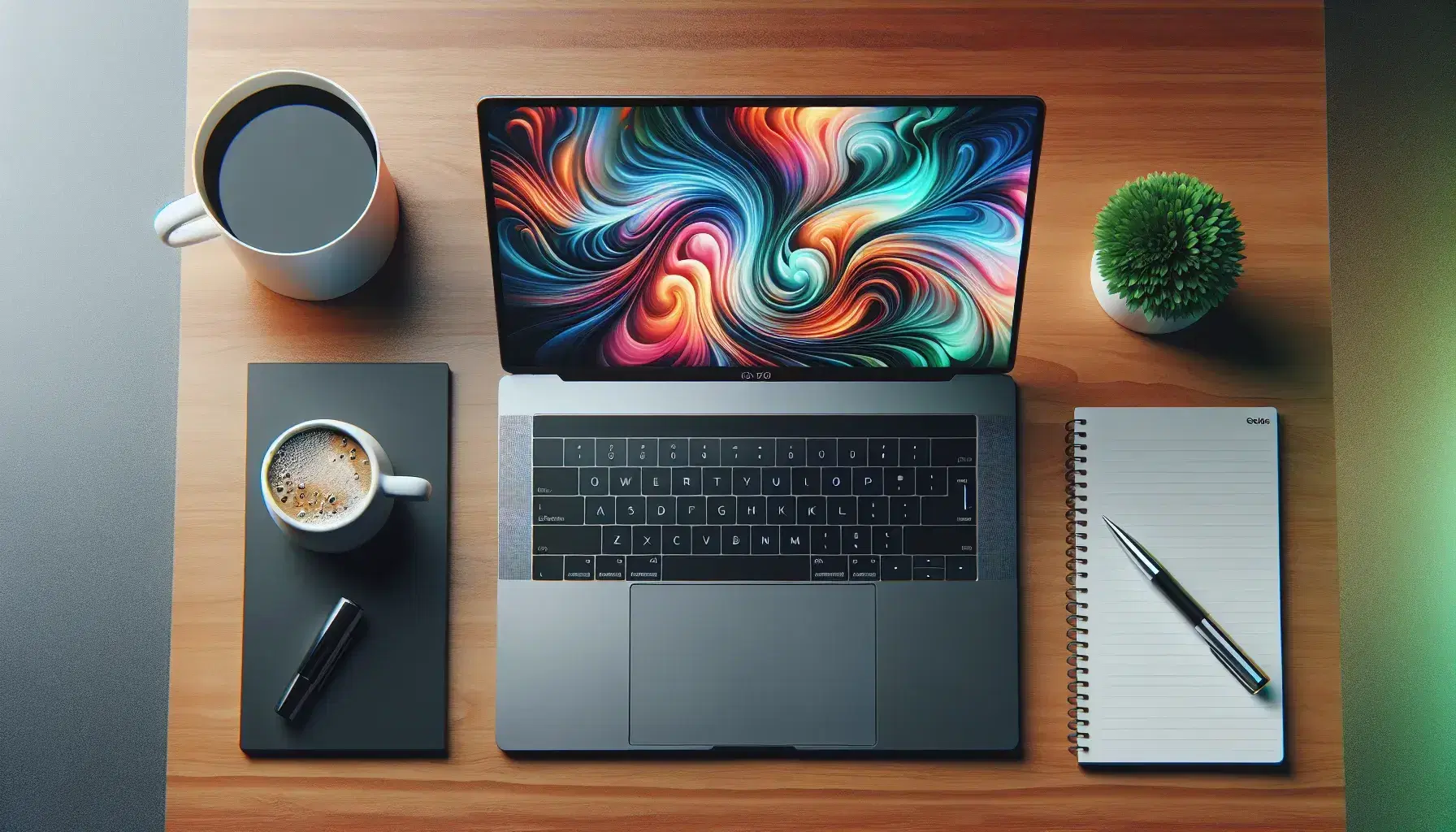 Organized desk with open laptop with colorful screen, white coffee cup, blank notepad with silver pen and green plant in gray pot.