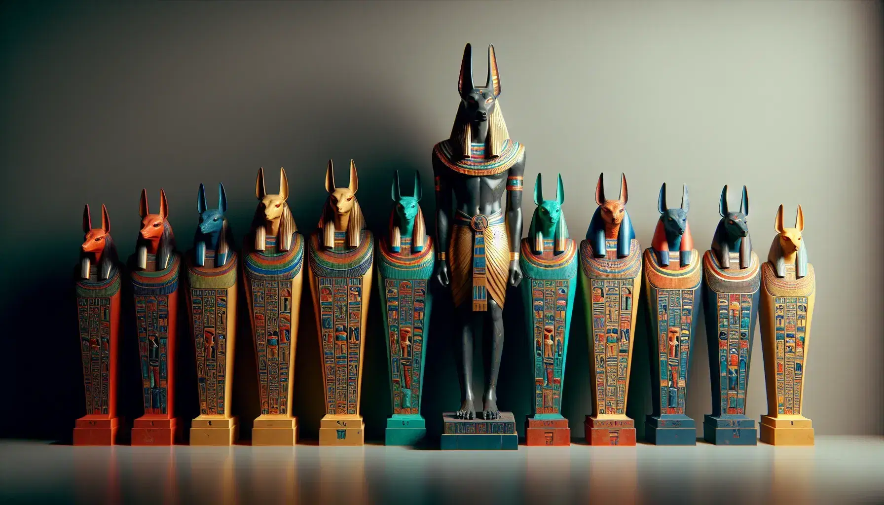 Statua di Anubis, dio egizio con testa di sciacallo, in abiti cerimoniali, sovrasta sarcofagi colorati con decorazioni geometriche e figurative.