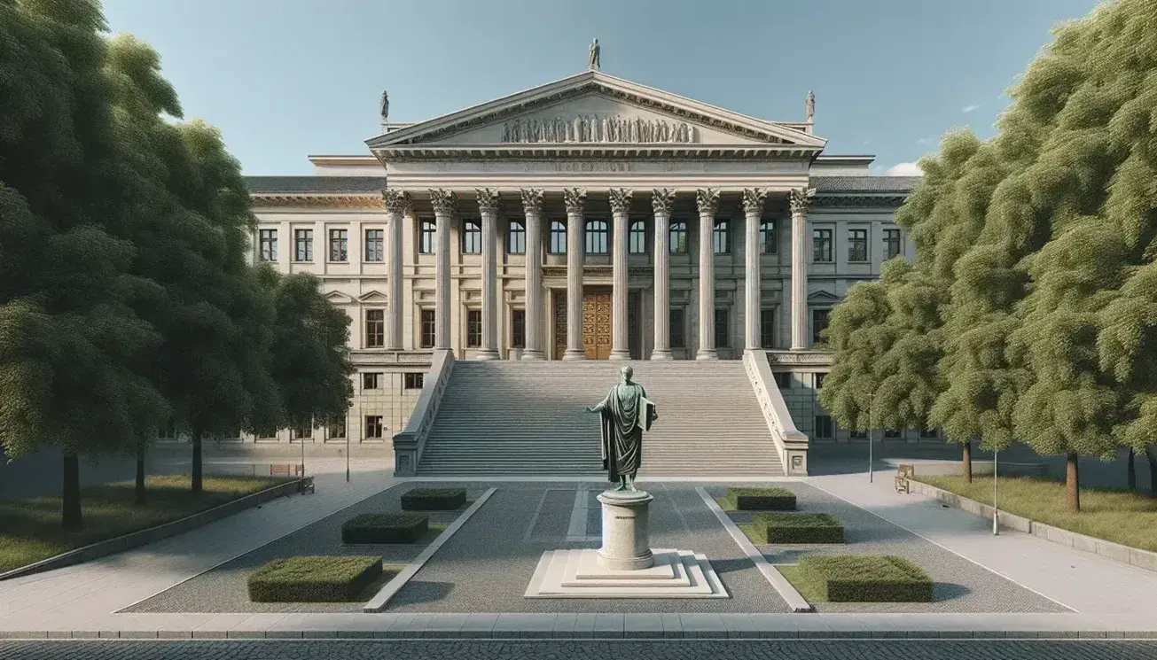 Edificio neoclásico con escalinata frontal y columnas robustas, estatua de bronce de figura histórica con libro en plaza adoquinada y áreas verdes.