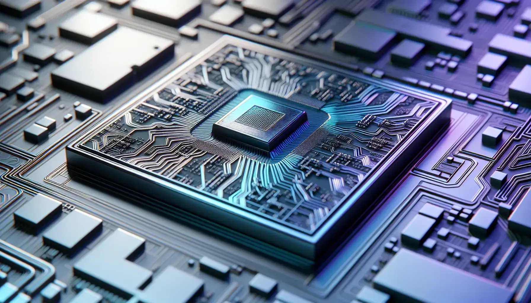 Close-up of a silicon microchip with etched circuitry and iridescent reflections in blue, purple and green on metal surface.
