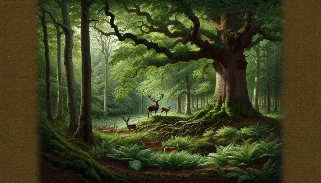 Majestic oak tree with gnarled trunk in a medieval English forest, surrounded by diverse trees, a deer family in a clearing, and a reflective stream.