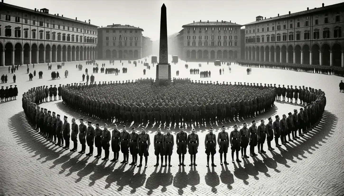 Piazza italiana anni '20 con uomini in uniforme fascista e fez accanto a obelisco, edifici storici con archi sullo sfondo.