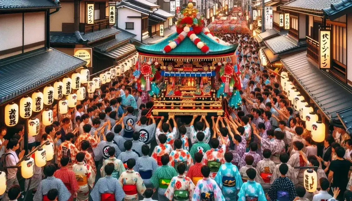 Festival giapponese con persone in yukata colorati e Mikoshi decorato, tra stand di dolci e architettura tradizionale.