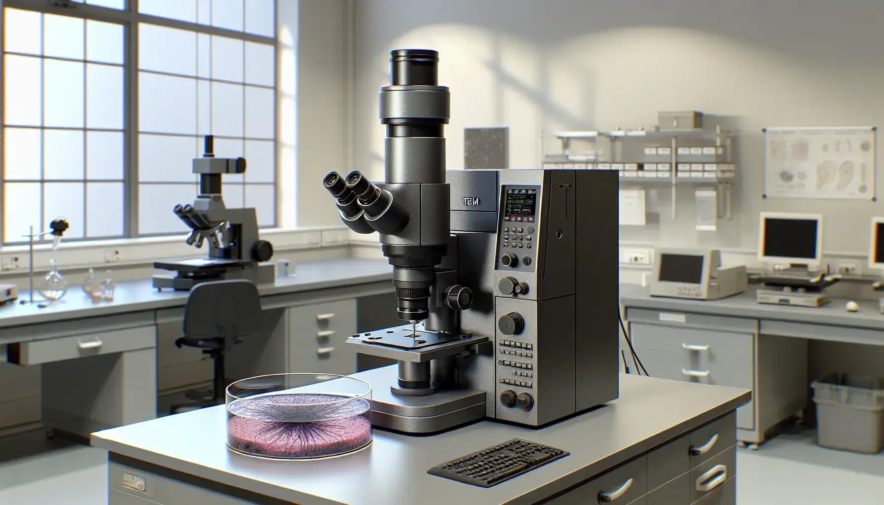 Microscopio elettronico a trasmissione grigio scuro su tavolo da laboratorio con piatto di Petri contenente tessuto biologico colorato.