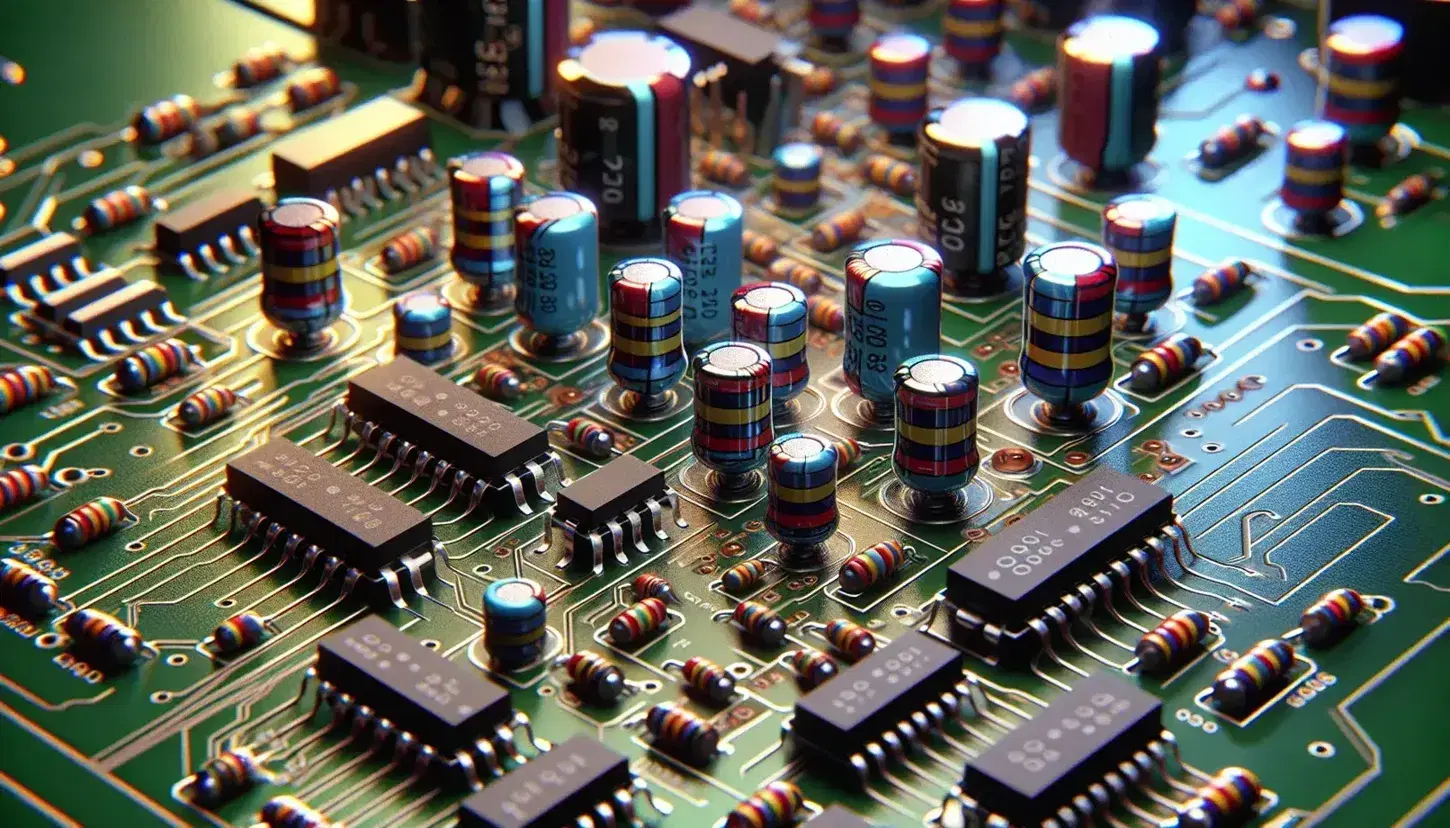 Close-up view of a green printed circuit board with resistors, capacitors, integrated circuits, copper traces, and solder joints.