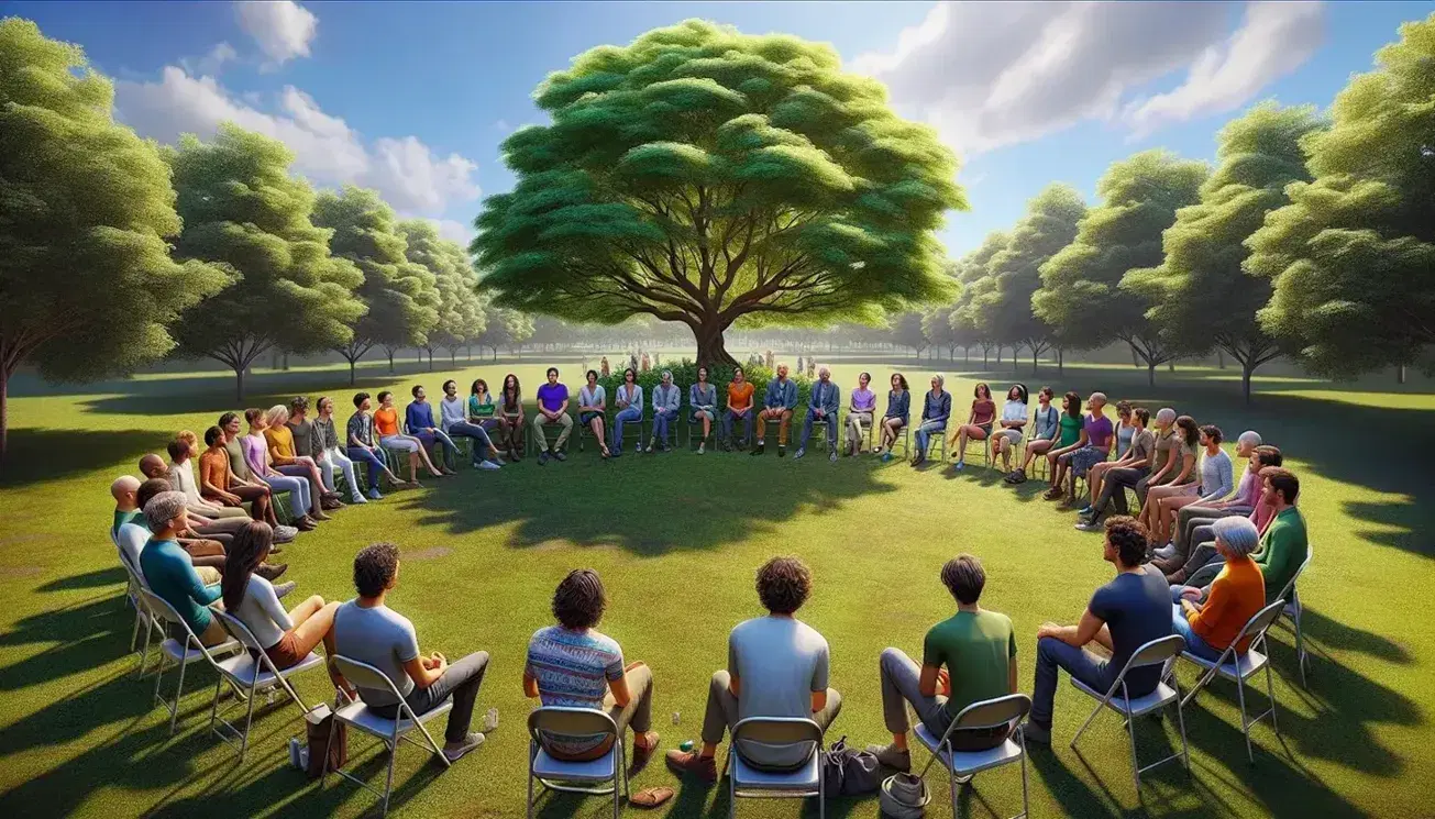 Gruppo multietnico seduto in cerchio in un parco, sotto un albero, in una giornata soleggiata, che partecipa a un dialogo comunitario.
