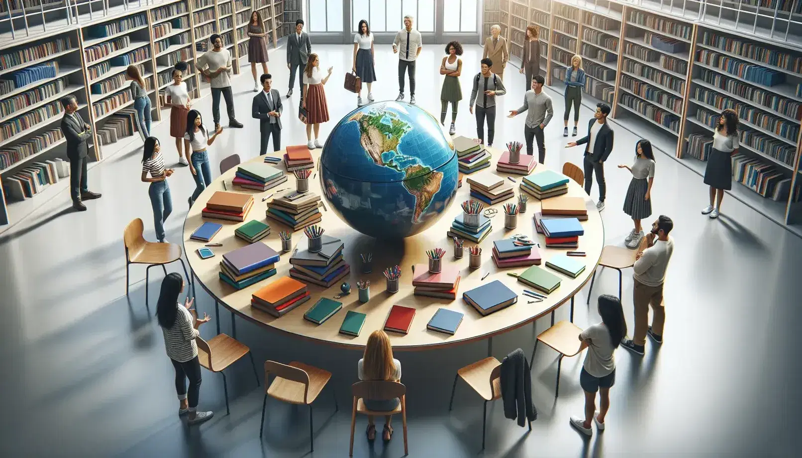 Grupo diverso de personas en animada discusión alrededor de una mesa con libros, cuadernos y un globo terráqueo en un espacio iluminado naturalmente.