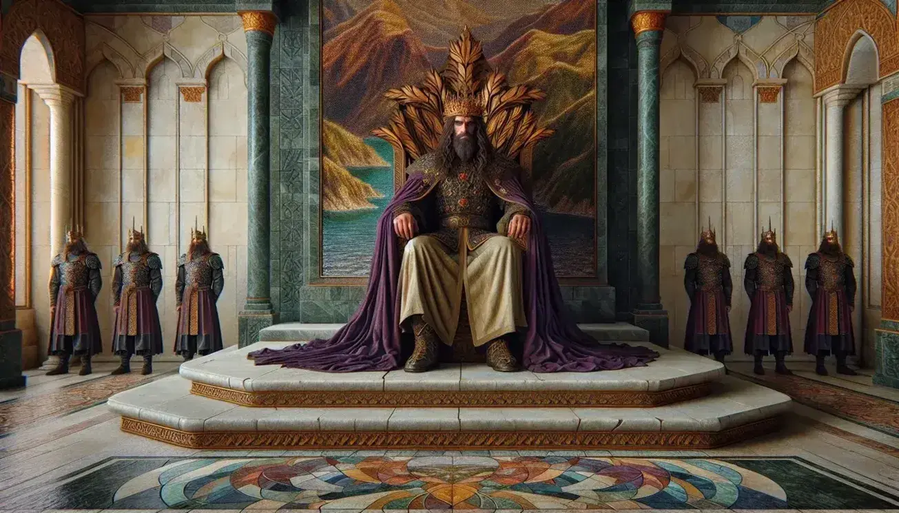 Re sovrano seduto su trono di pietra in sala regale, con mantello porpora, corona d'oro e guardie armate ai lati.