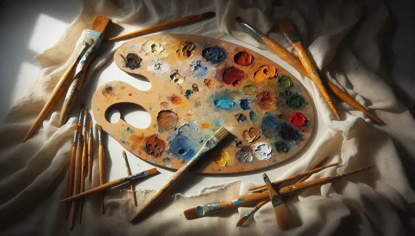 Paleta de pintor ovalada con manchas de pintura y pinceles desordenados sobre tela de lienzo blanca, destacando la riqueza de colores y texturas.
