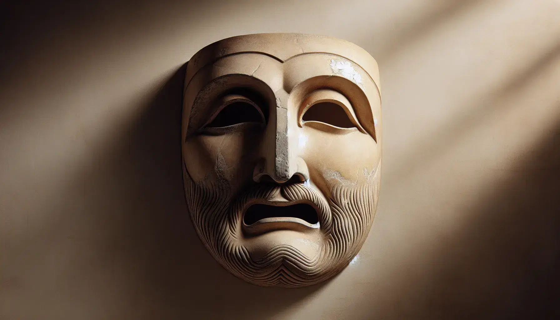 Maschera teatrale greca antica in pietra con espressione tragica, dettagli incisi e sfumature grigie su sfondo neutro.