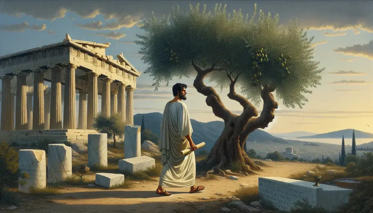 Uomo in tunica con papiro passeggia verso il Partenone ad Atene antica, tra ulivo e rovine, sotto cielo azzurro con nuvole sparse.
