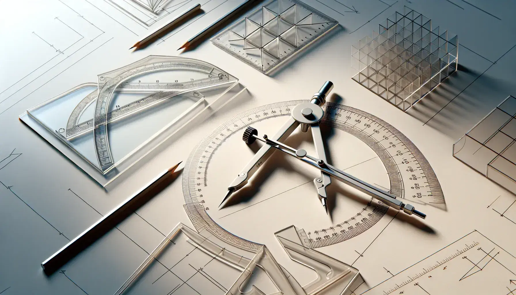 Herramientas de dibujo geométrico sobre superficie clara incluyendo compás metálico, transportador, escuadras, regla y lápiz afilado con fondo de papel rayado.