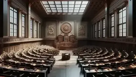 Interno solenne e maestoso di un'aula parlamentare vuota con scrivanie in legno, podio centrale e orologio circolare su parete decorata.