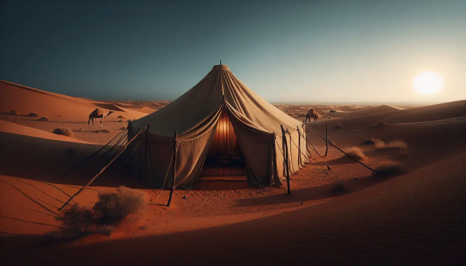 Tenda beige in tessuto grezzo nel deserto con cammelli sfocati sullo sfondo, cielo blu e tramonto arancione.