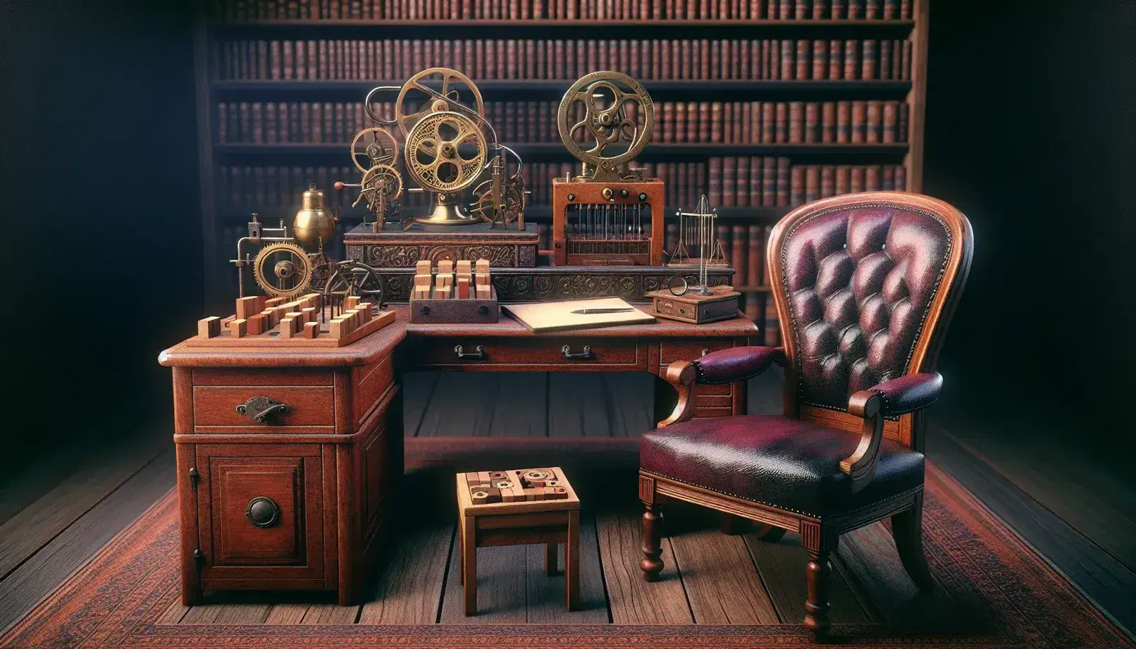 Historic psychological research environment with wooden desk, antique instruments such as chronoscope and tachistoscope, chairs and bookcase.