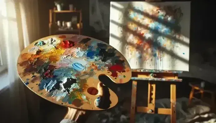 Paleta de madera de artista con pinturas de colores como azul, rojo y verde en mano parcialmente visible, fondo desenfocado con lienzo abstracto.
