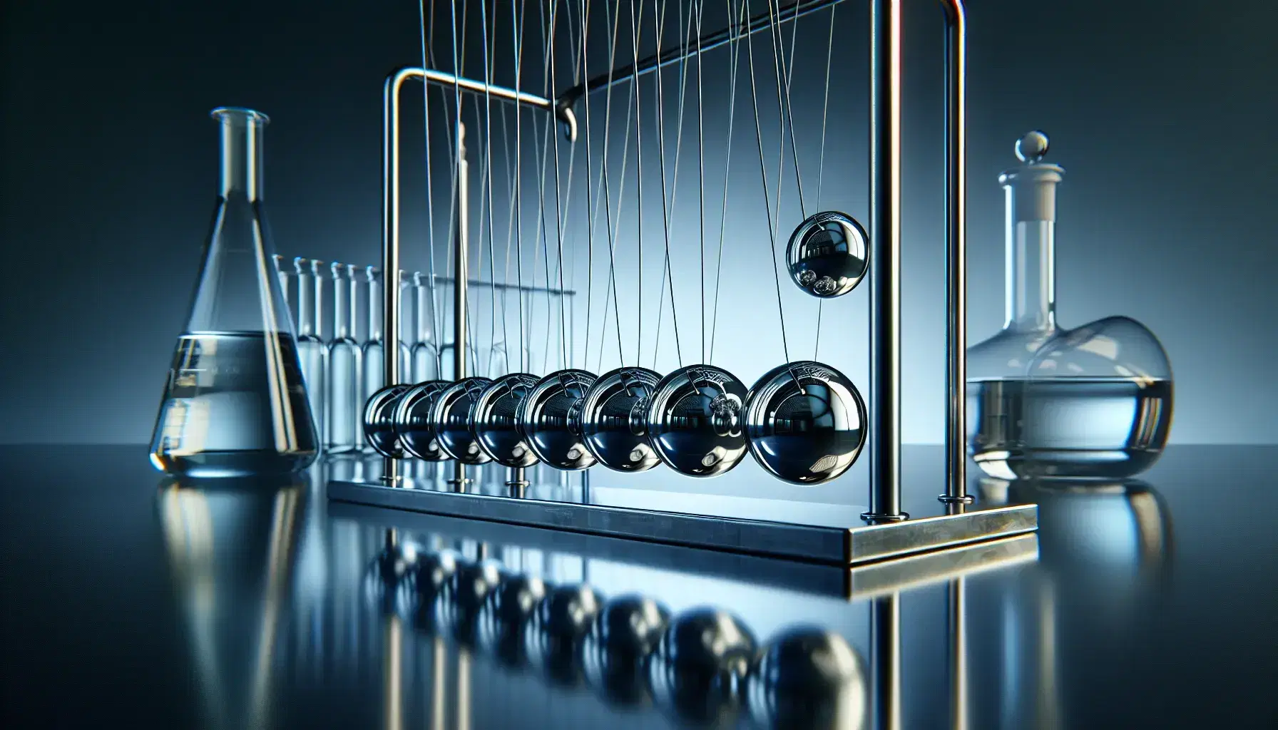 Newton's cradle with one sphere raised, poised to strike, amidst laboratory beakers on a reflective surface, highlighting principles of physics and motion.