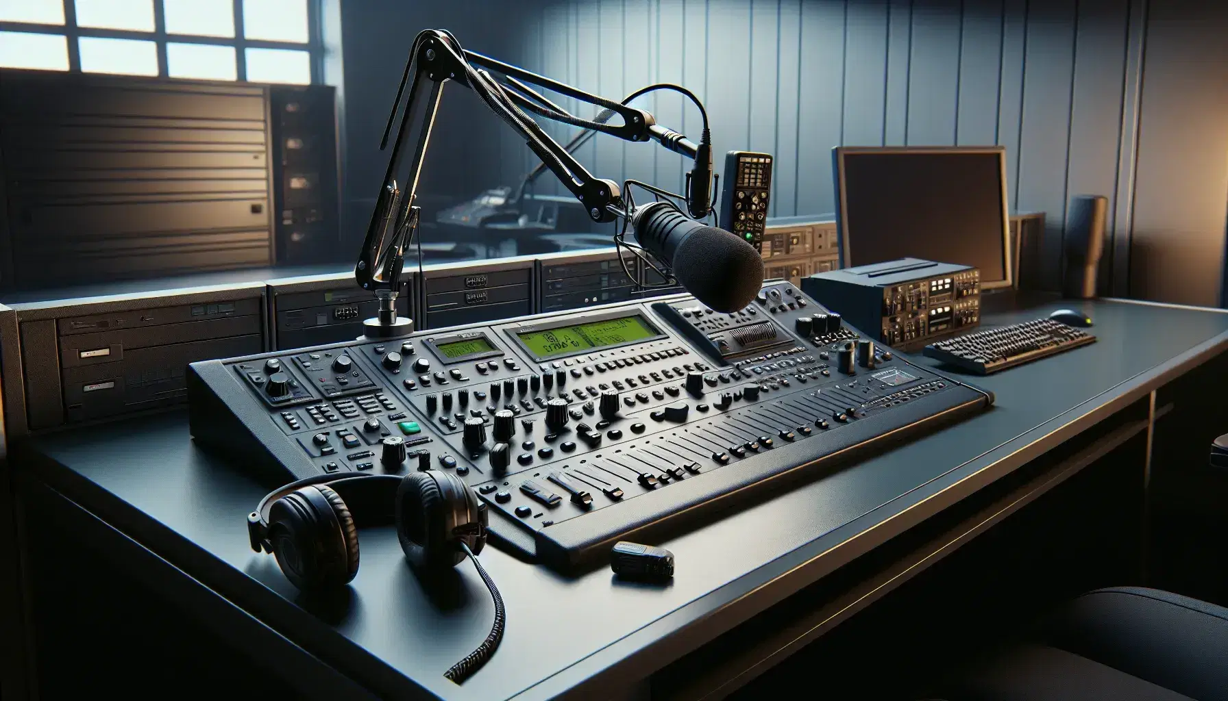 Mesa de trabajo en sala de control de comunicaciones con consola de radio profesional, micrófono en brazo articulado y auriculares negros, fondo con pantalla y teclado apagados.