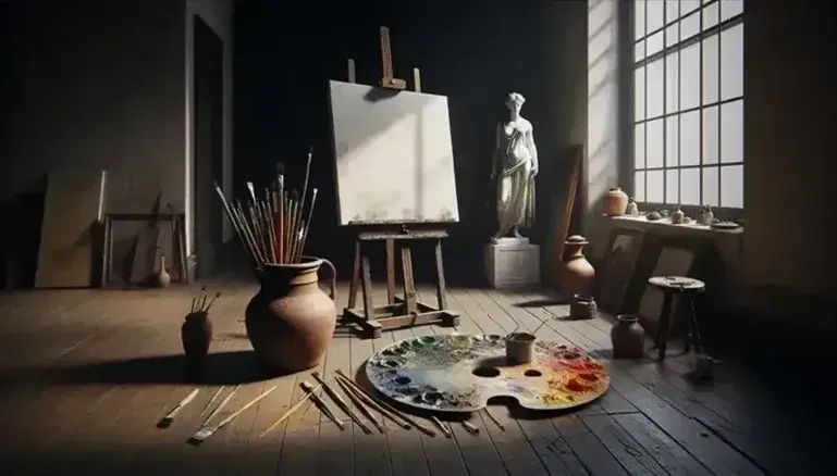 Studio d'artista con cavalletto e tela bianca, tavolozza colorata, statue classiche e quadri impressionisti sulle pareti.