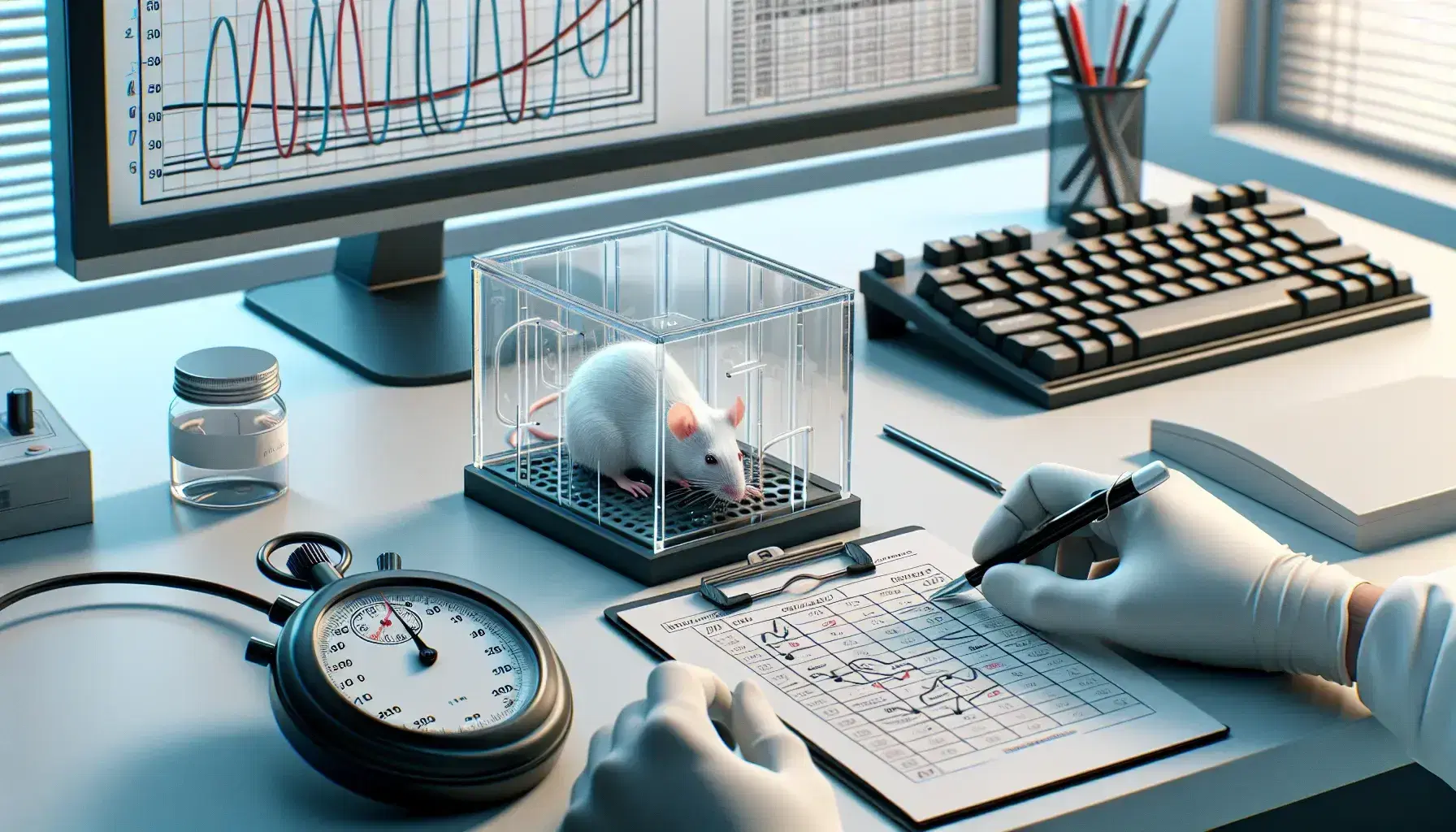 Psychological research laboratory with gloved hands placing a white rat in a transparent maze, stopwatch and papers on clipboard.